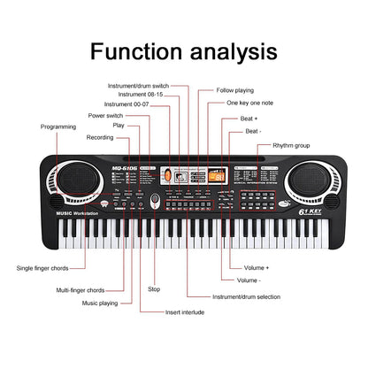 Black 61-key electric piano musical instrument with built-in speakers and control panel for kids and beginners