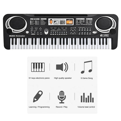 Black 61 key electric digital piano musical instrument with built in speakers and digital display for kids with microphone
