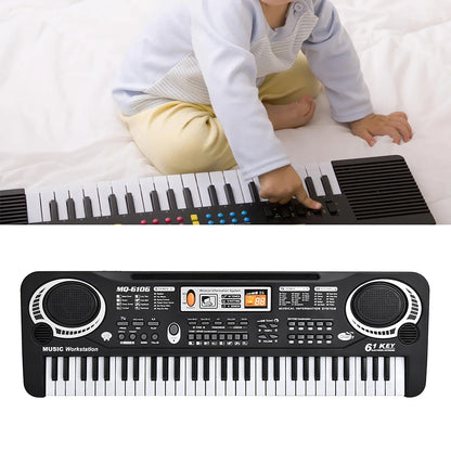 Black and white 61-key electric digital keyboard piano musical instruments with colorful buttons and built-in speakers