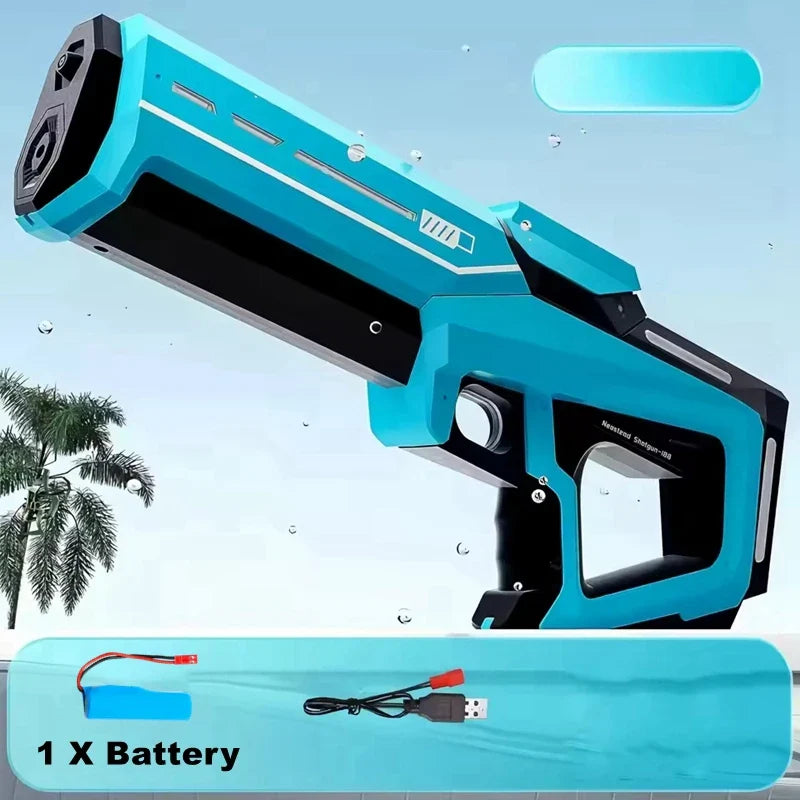 Blue and black electric water guns with powerful squirt and automatic suction storage gun blasters for adults outdoor use