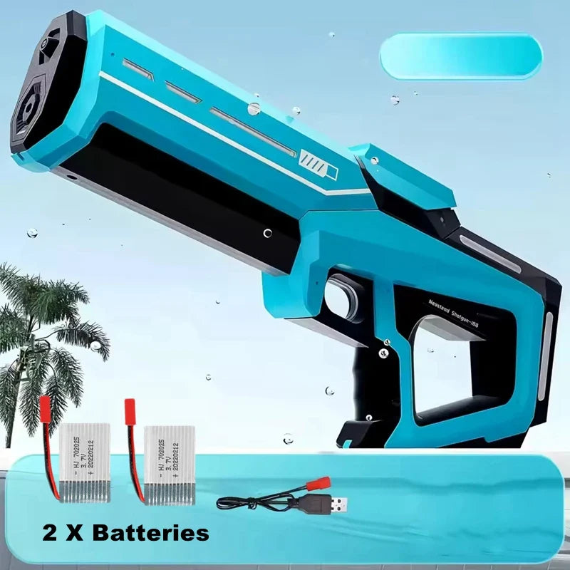Bright blue and black plastic electric water gun with powerful squirt and automatic suction storage gun blaster for adults