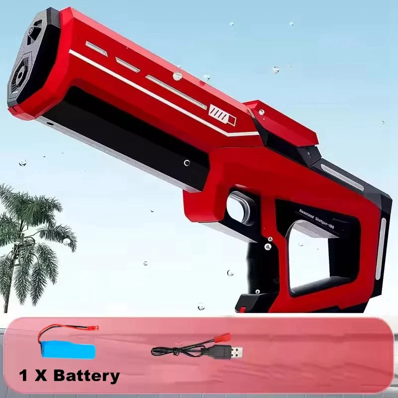 Red and black plastic electric water gun for adults powerful squirt storage gun blasters with a sleek futuristic design