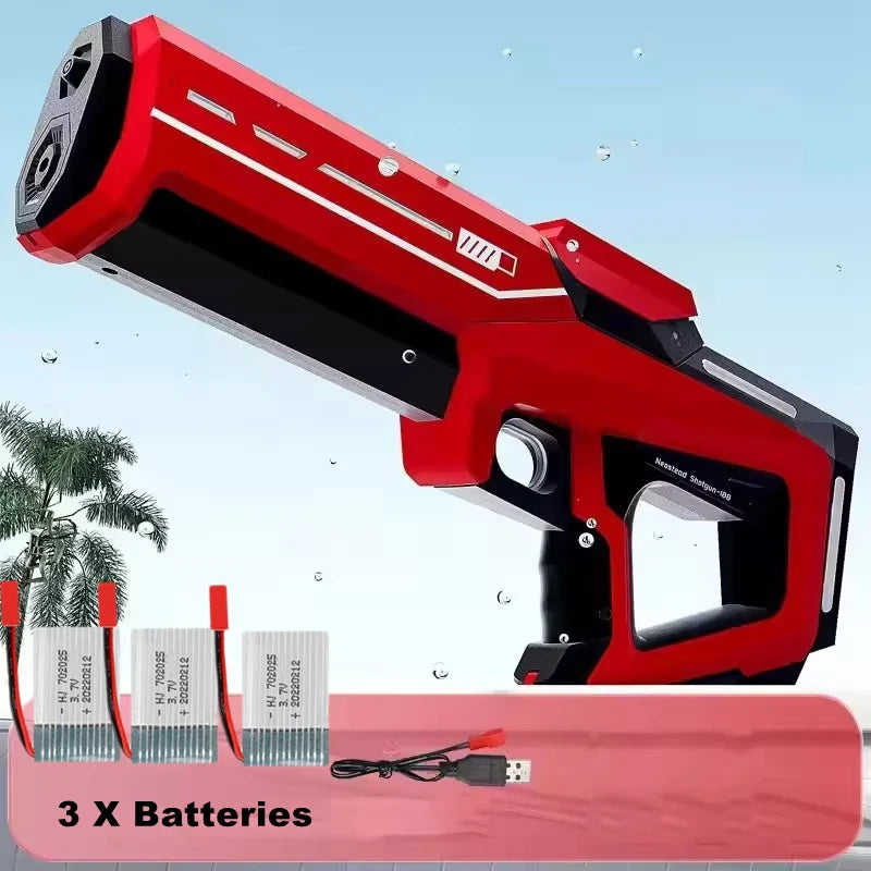 Red and black electric water gun with powerful squirt and automatic suction storage gun blaster for adults outdoor games