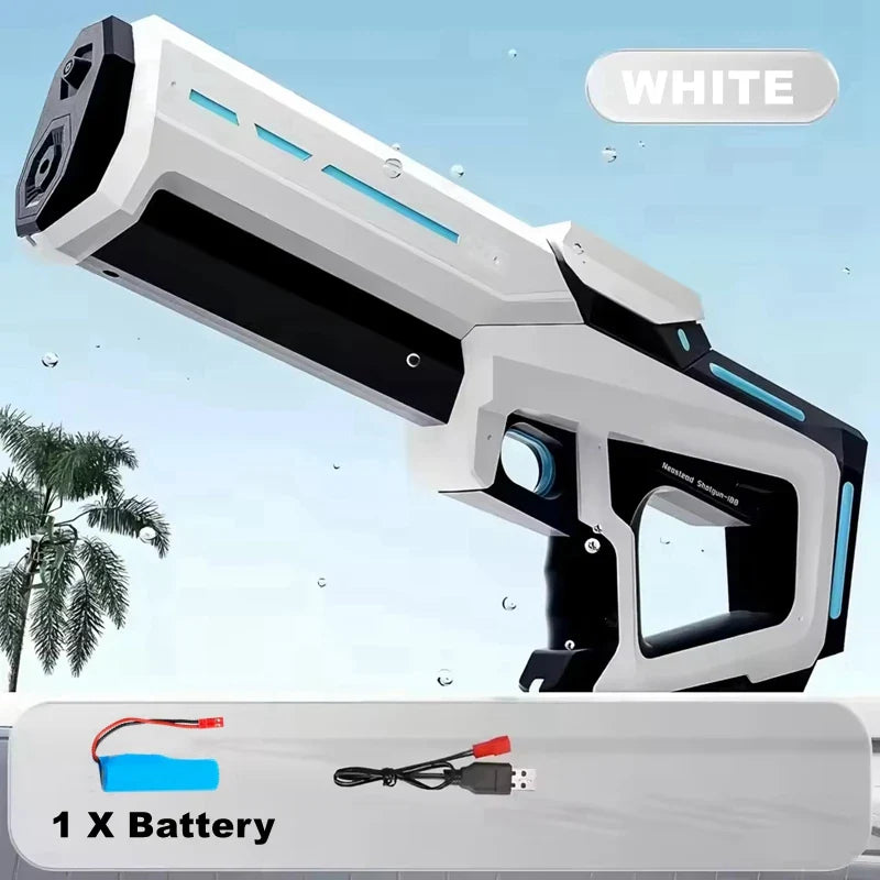 White and black electric water gun with blue accent lighting for adults powerful squirt storage gun blasters outdoors