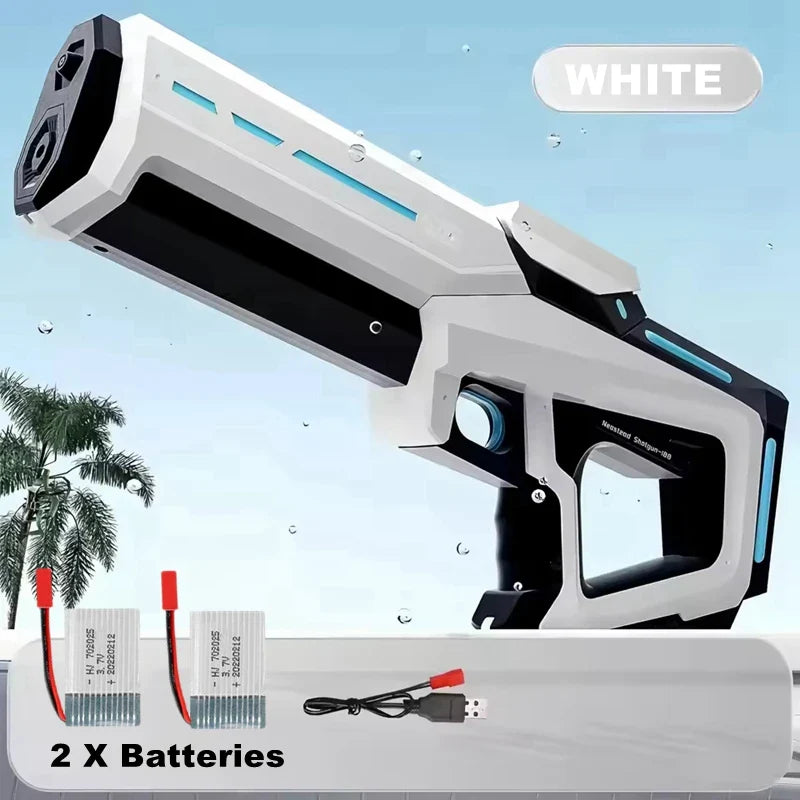 White and black electric water guns with blue glowing accents for adults powerful squirt and storage gun blasters