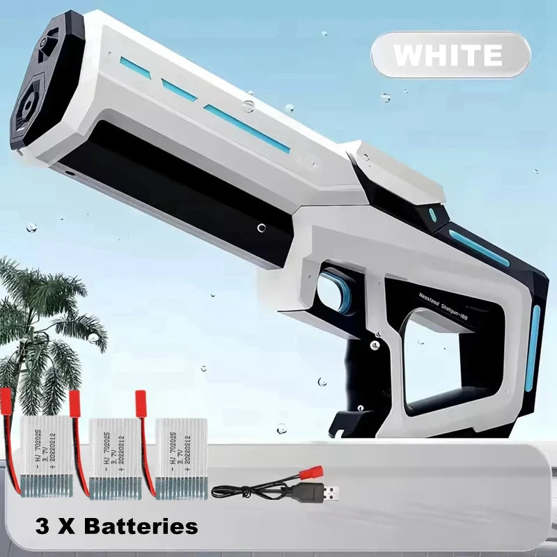 White and black futuristic electric water guns for adults powerful squirt with blue glowing accents storage gun blasters