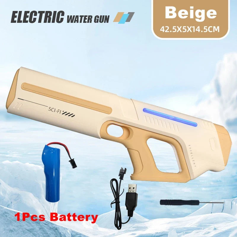 Beige electric water gun with sleek sci-fi design and blue accent lighting for adults powerful squirt storage gun blasters