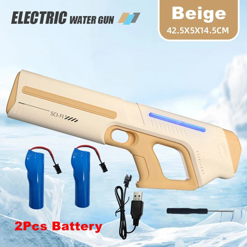 Beige electric water gun with blue accent strip featuring powerful squirt and automatic suction for storage gun blasters