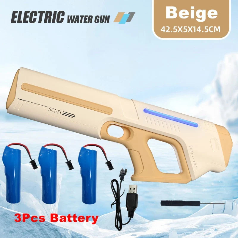 Beige electric water gun with blue accent, sci-fi branding, powerful squirt storage gun blasters for adults outdoor use