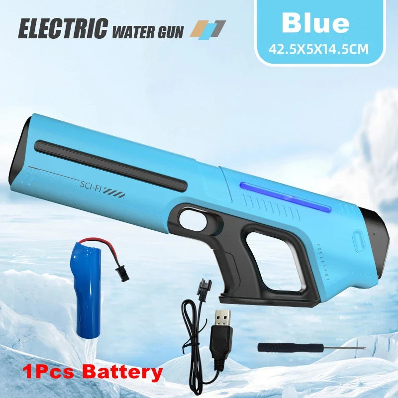 Light blue electric water gun with black grip purple accent stripe usb charging cable and battery for adults powerful squirt