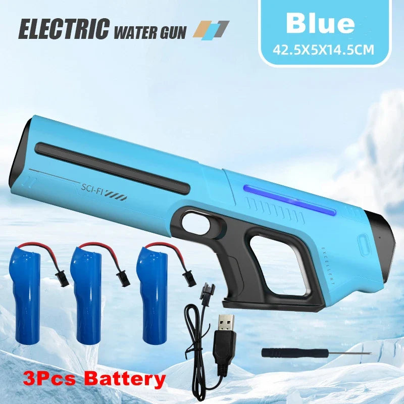 Light blue electric water gun with black grip and trigger featuring adults powerful squirt automatic storage gun blaster design