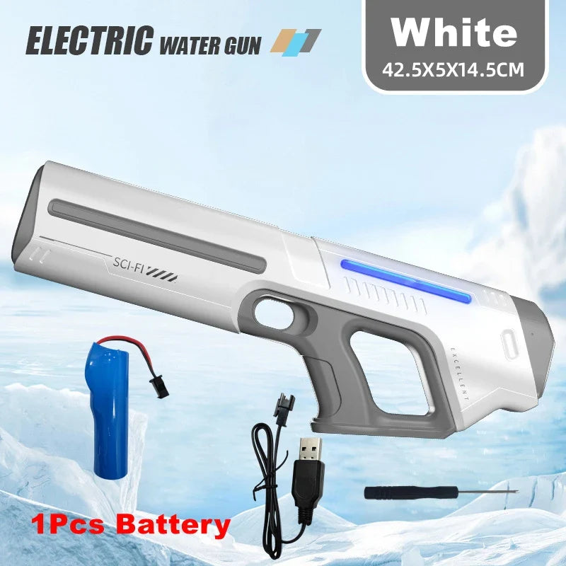 White and gray electric water gun with blue accent lighting featuring a sleek sci-fi design for adults powerful squirt storage gun blasters