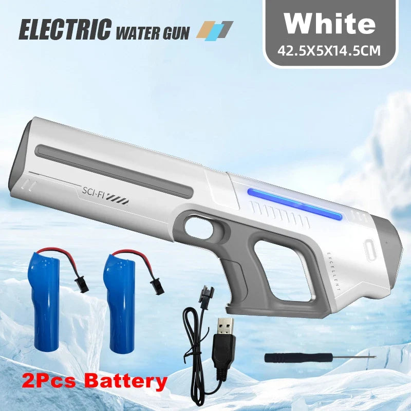 White electric water gun with gray accents and blue illuminated stripe featuring sci-fi branding for adults powerful squirt storage gun blasters
