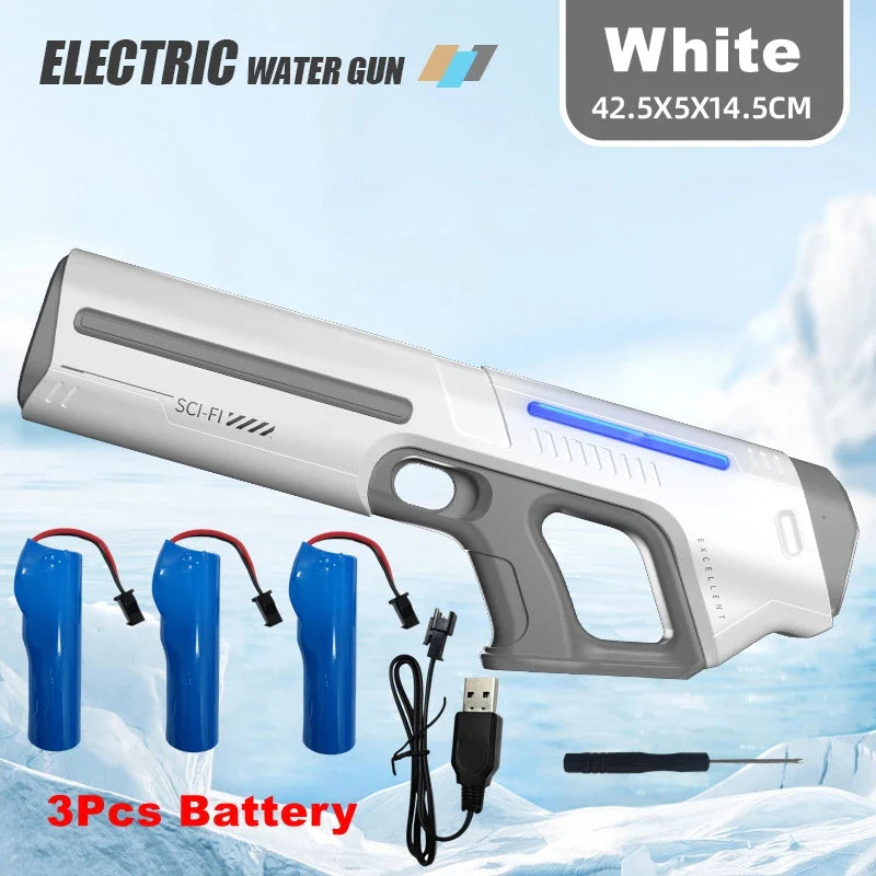 White electric water gun with gray accents and blue illuminated stripe featuring sci-fi branding for adults powerful squirt use