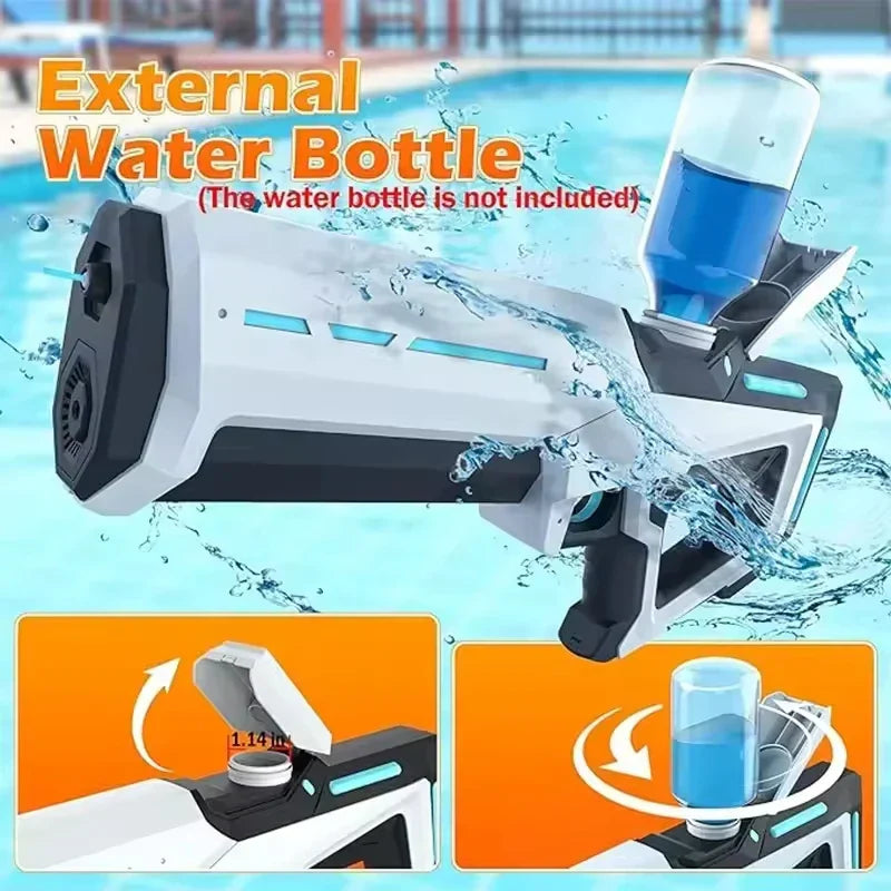 White and black external water bottle holder with transparent blue bottle for electric water guns adults powerful squirt use