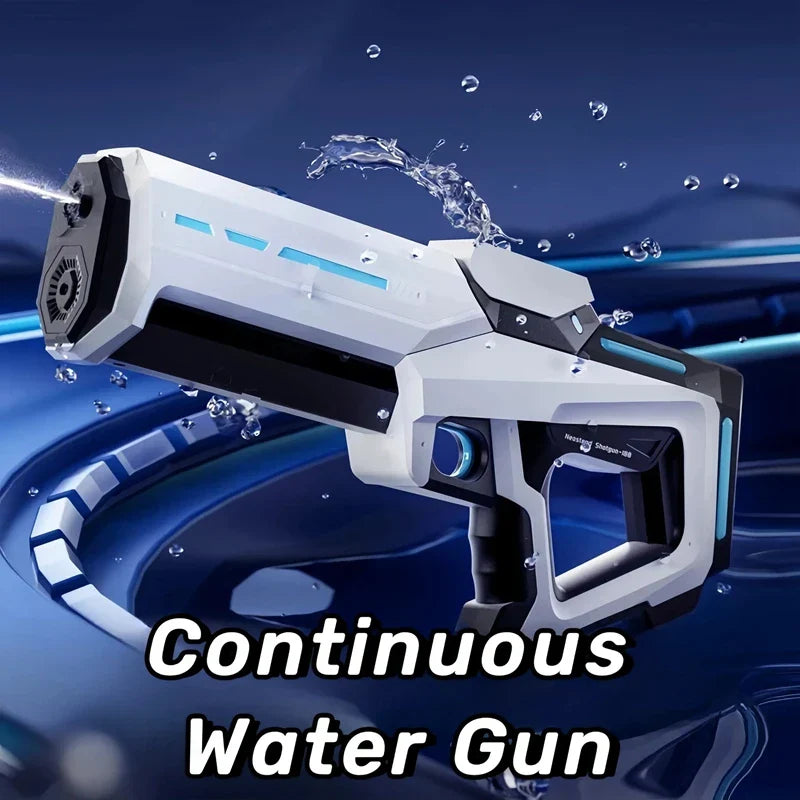 White and black futuristic electric water gun with blue accent lighting for adults powerful squirt storage gun blasters