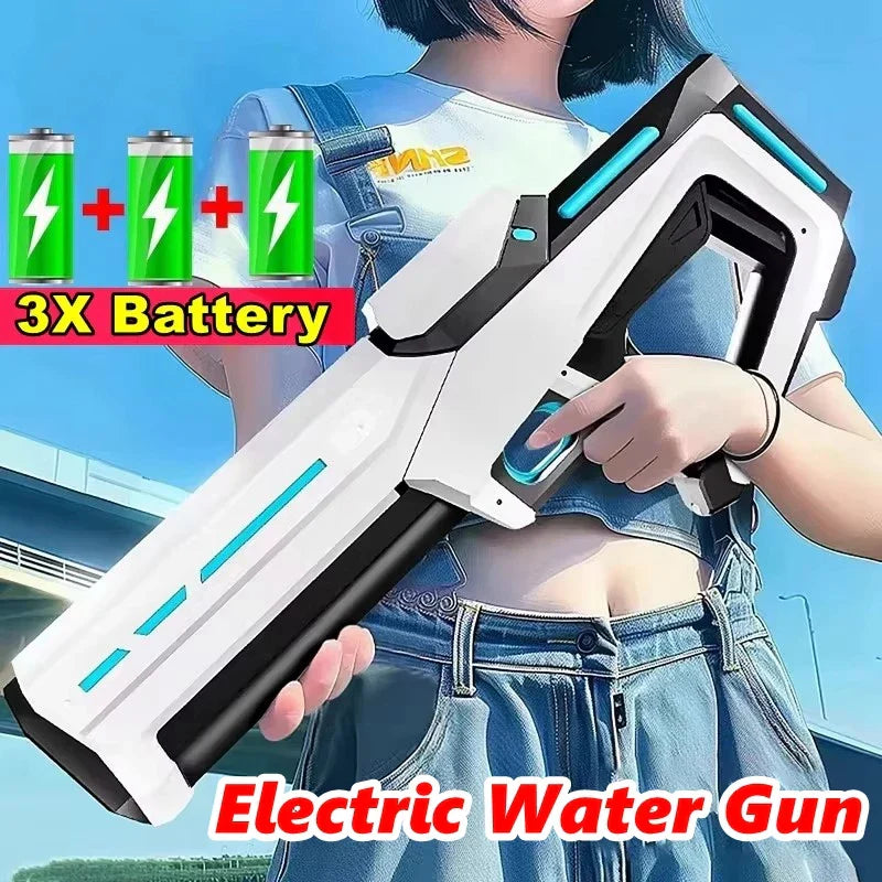 White and black electric water gun with teal glowing accents adults powerful squirt storage gun blasters for outdoor play