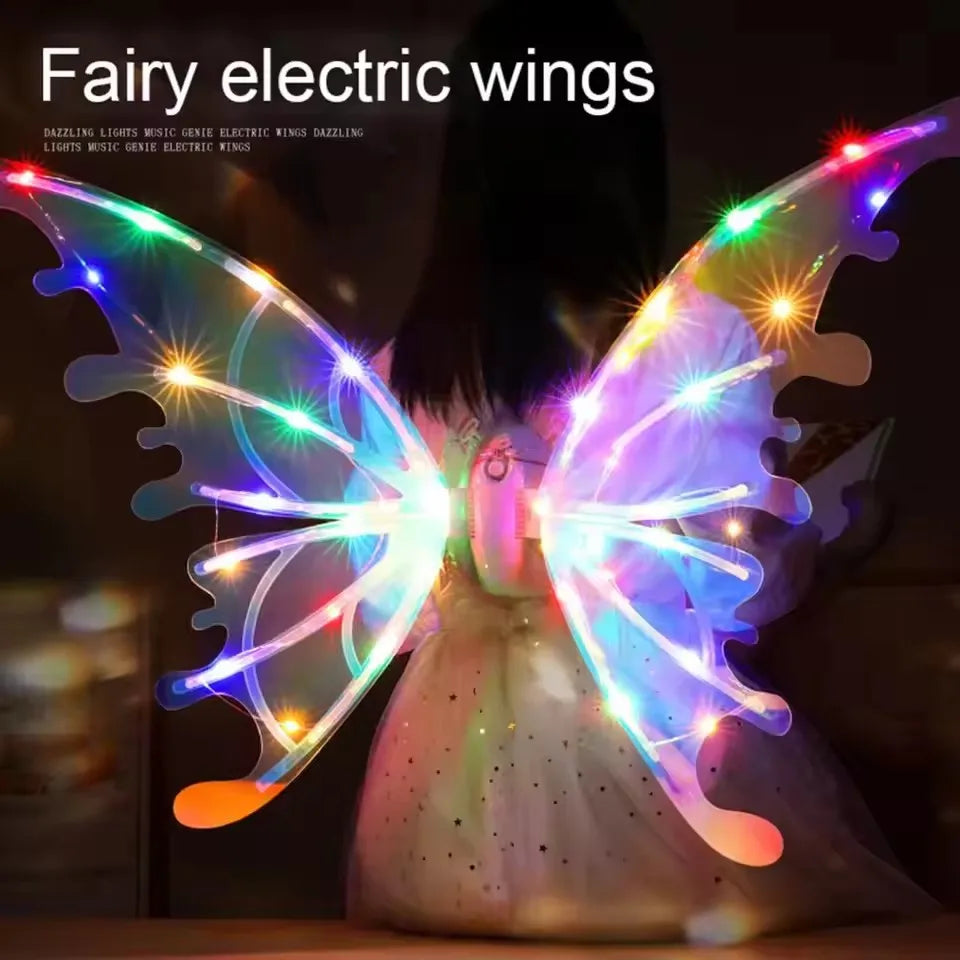 Iridescent electrical butterfly wings toy with glowing multicolor led lights designed as moving elf wings for kids dress up