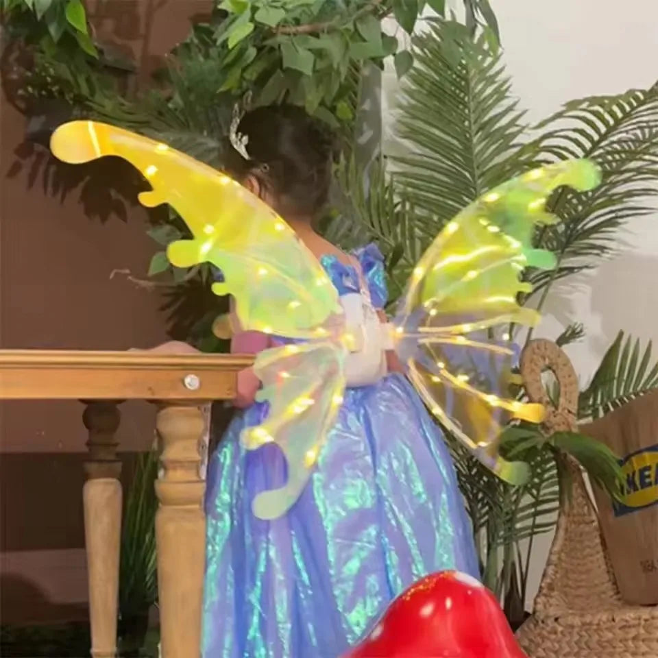 Iridescent blue and green electrical butterfly wings with glowing led lights and moving fairy wings for kids dress up
