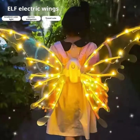 Yellow led-lit electrical butterfly wings with gradient lighting designed as moving fairy wings for cosplay and travel use