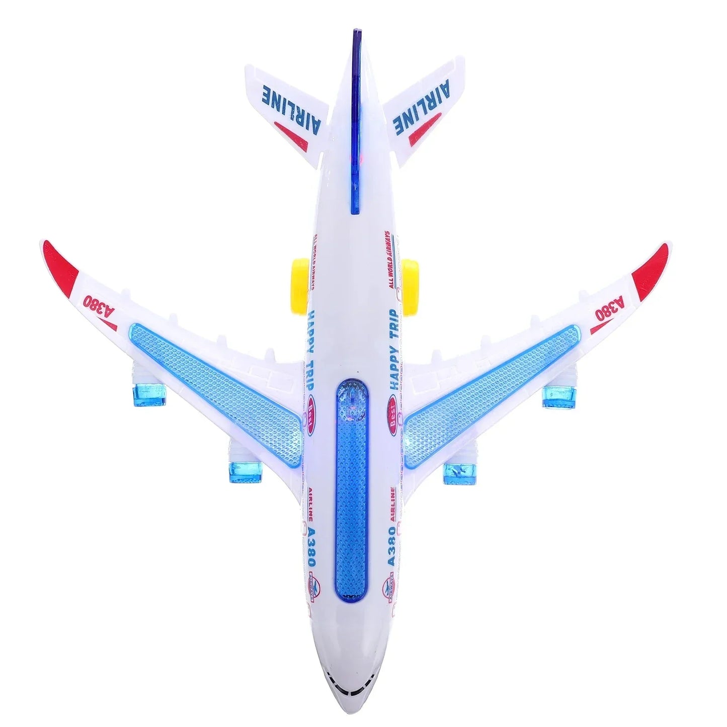 White electronic aeroplane toy with blue and red accents featuring a380 markings and music autopilot flash sound