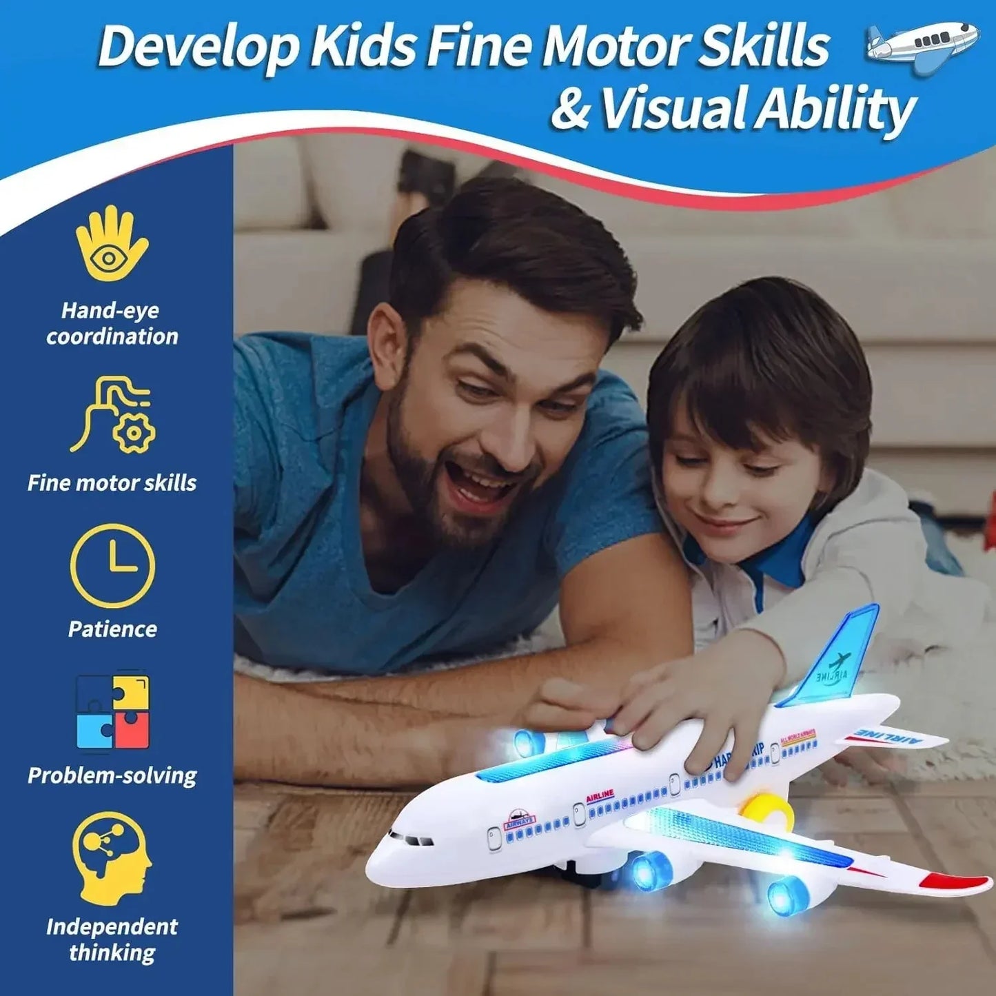 White plastic electronic aeroplane toy with blue and red accents featuring music autopilot flash and aircraft automatic rotation