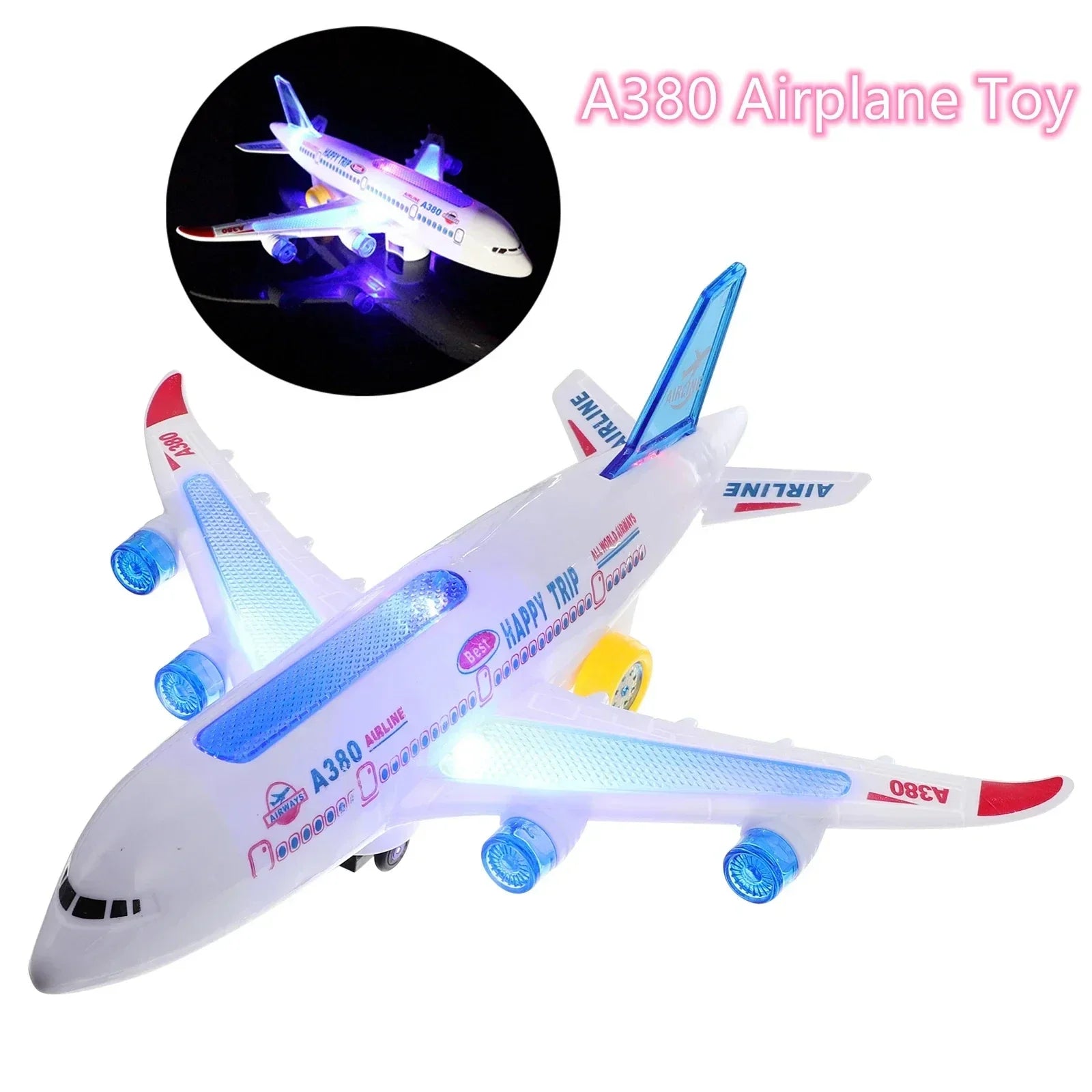 White plastic electronic aeroplane toy with blue red accents featuring music autopilot flash and aircraft automatic rotation