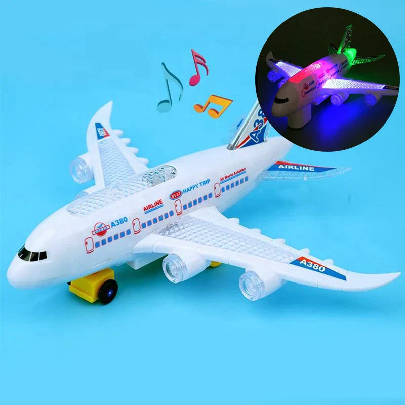 White plastic electronic aeroplane toy with blue and red details led lights and automatic obstacle avoidance features