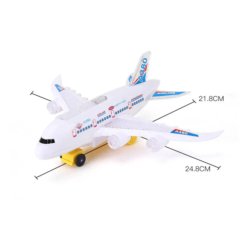 White plastic electronic aeroplane toy with blue red markings featuring plane toys autopilot and automatic obstacle avoidance