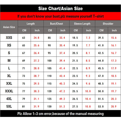 Asian size t-shirt measurement chart in cm and inches for chip hip hop harajuku style summer machine printed oversized tee