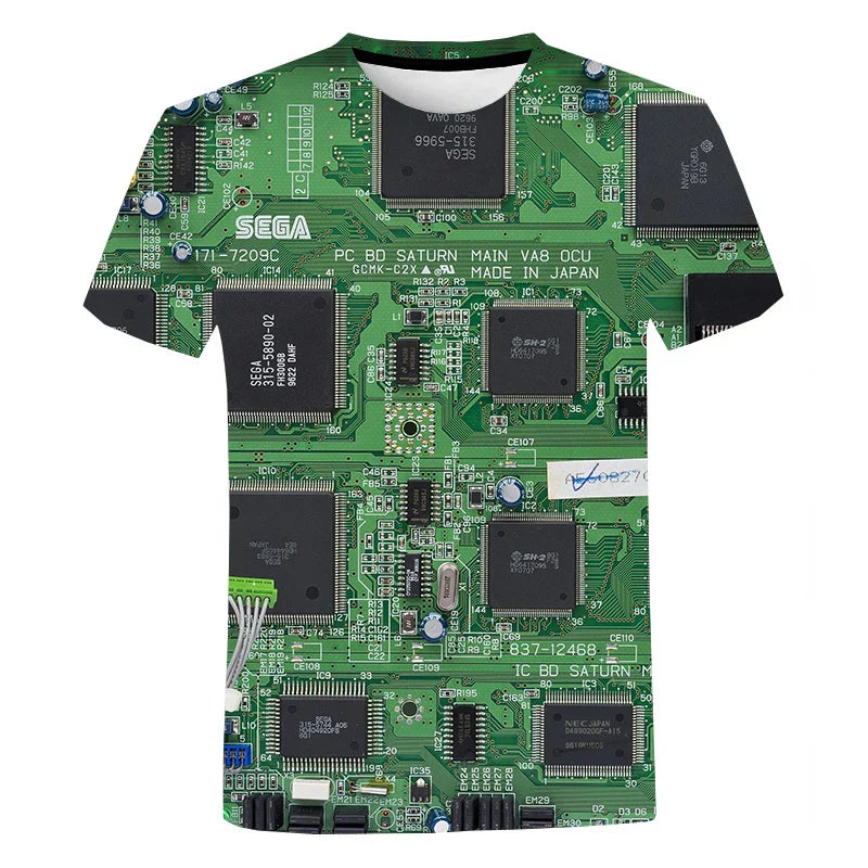 Green short-sleeved chip hip hop t shirt with sega saturn mainboard print in harajuku style summer machine printed oversized design