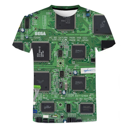 Green short-sleeved chip hip hop t shirt with sega saturn mainboard print in harajuku style summer machine printed oversized design