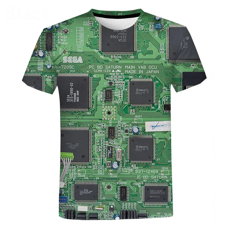 Green short-sleeved chip hip hop t shirt with machine printed sega saturn main board circuit in harajuku style summer oversized fit