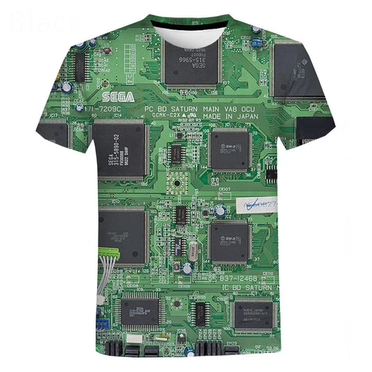 Green short-sleeved chip hip hop t shirt with machine printed sega saturn main board circuit in harajuku style summer oversized fit