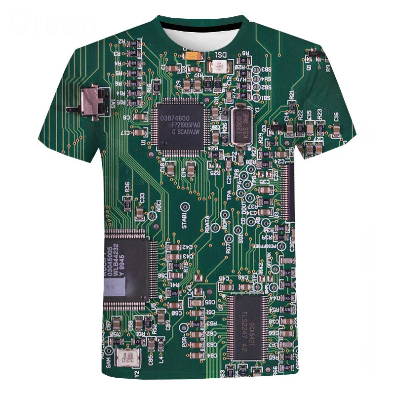 Green short-sleeved chip hip hop t shirt with machine printed oversized circuit board design in harajuku style summer