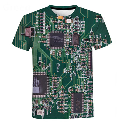 Green short-sleeved chip hip hop t shirt with machine printed oversized circuit board design in harajuku style summer