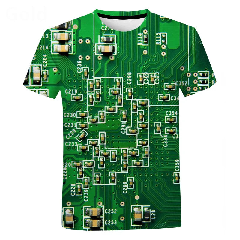Green circuit board patterned chip hip hop t shirt with white component labels and gold capacitors machine printed oversized harajuku style summer tee