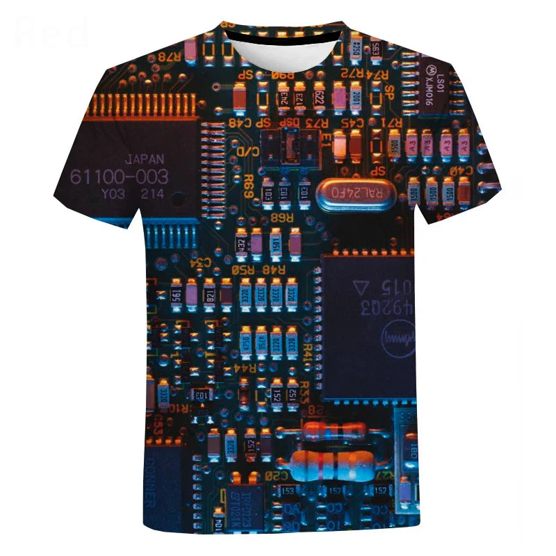 Electronic chip hip hop short-sleeved t-shirt with blue and orange glowing circuit board design in harajuku style summer machine printed oversized fit