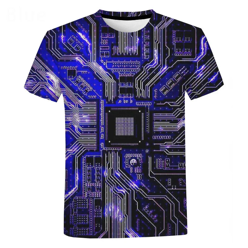 Blue and black chip hip hop machine printed oversized t-shirt with glowing purple accents in harajuku style summer design