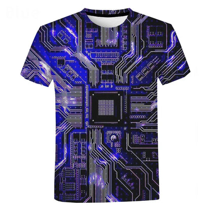 Blue and black chip hip hop machine printed oversized t-shirt with glowing purple accents in harajuku style summer design