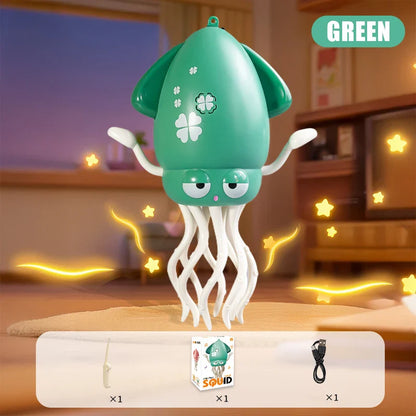 Green electronic dancing squid toy with white four-leaf clover decals and light-up interactive tentacles for toddlers
