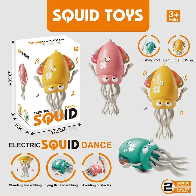 Colorful electrically powered dancing squid toy with expressive eyes flowing tentacles lights and music for toddlers