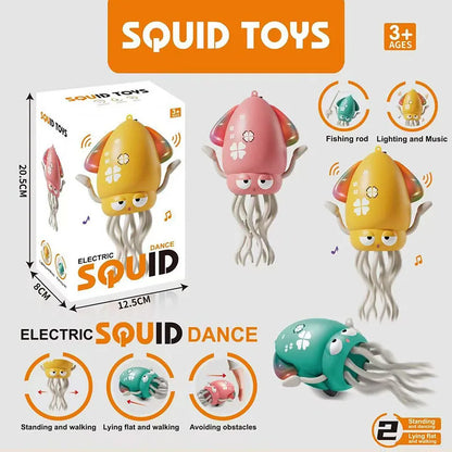 Colorful electrically powered dancing squid toy with expressive eyes flowing tentacles lights and music for toddlers