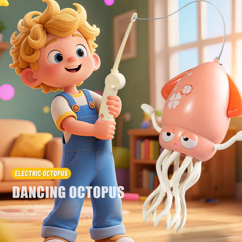 Pink electric dancing squid toy with white tentacles orange accents and floral design for toddler interactive play