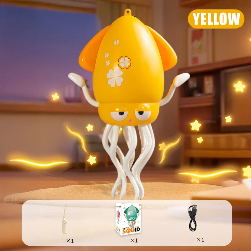 Yellow electronic dancing squid toy with white tentacles and floral decals for toddler interactive development