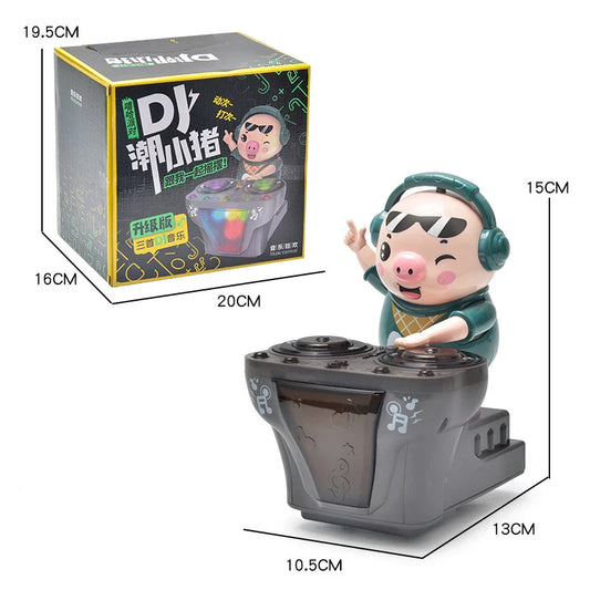 A cheerful green electronic dj light dancing pig toy with headphones stands on gray dj turntable base musical toys cute