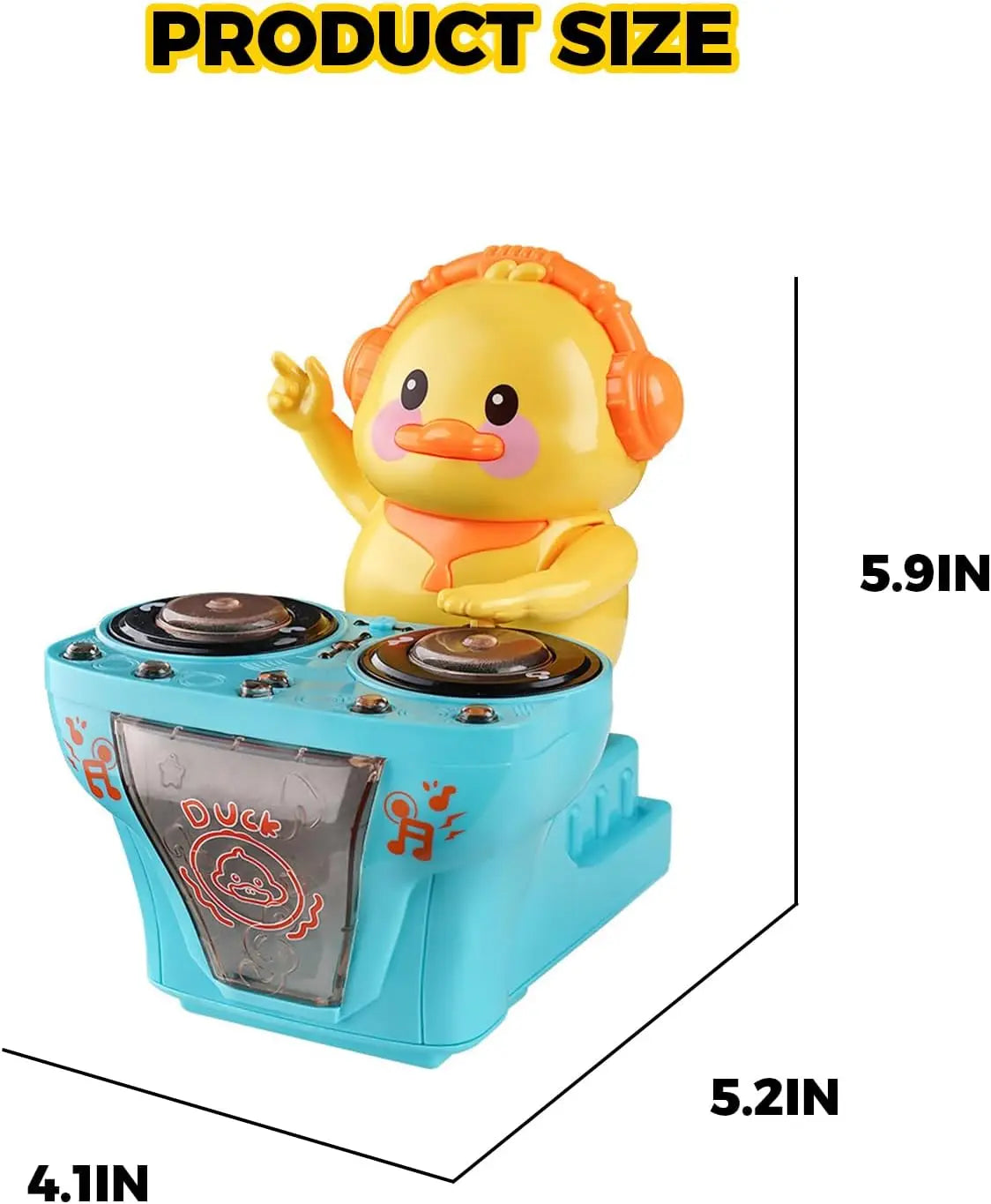A yellow rubber duck with orange headphones and scarf on a turquoise dj turntable in a musical toys cute set