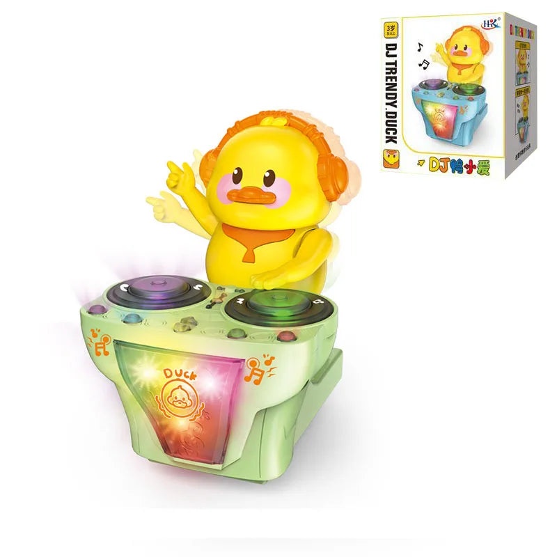 Yellow plastic electronic dj light dancing pig toy with orange headphones and colorful illuminated green turntable base