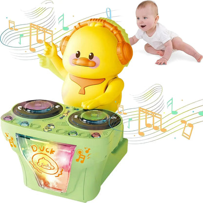 Yellow duck-shaped electronic dj light musical toys cute with orange headphones and green dj console base for kids