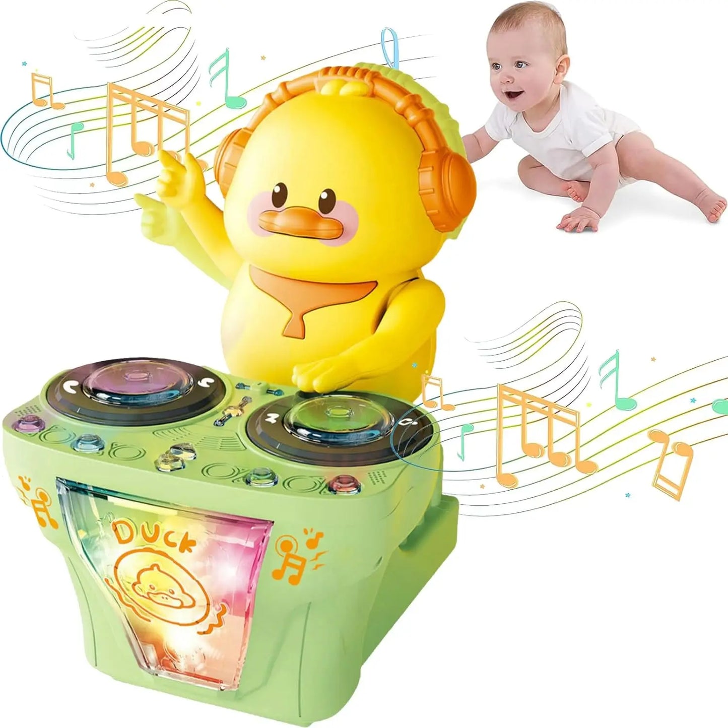 Yellow duck-shaped electronic dj light dancing pig toy with orange headphones and green dj console base for kids